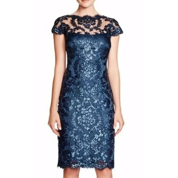 Tadashi Shoji Illusion Embroidered Sequin Lace Sheath Dress Womens Sz 10 Wedding - Picture 1 of 10